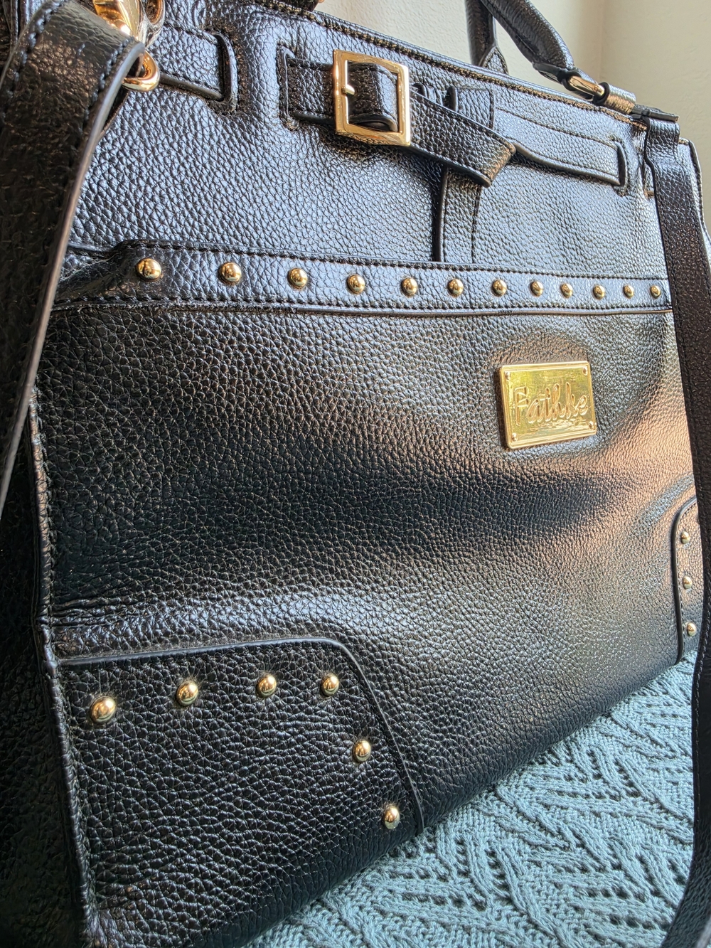 Black Pebbled Leather Laptop Bag with Gold Hardware-Fathke Brand